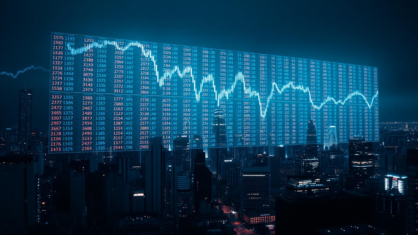 Tabellone di indici mondiali sospeso su uno skyline notturno