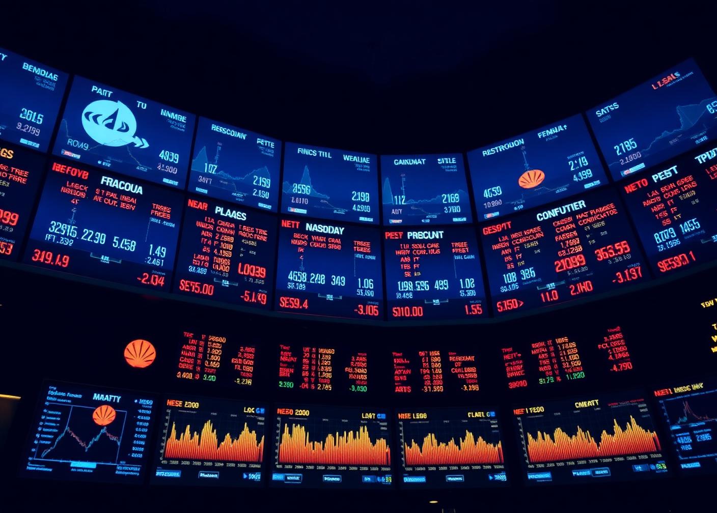 Parete di monitor di una borsa valori con quotazioni azionarie in blu
