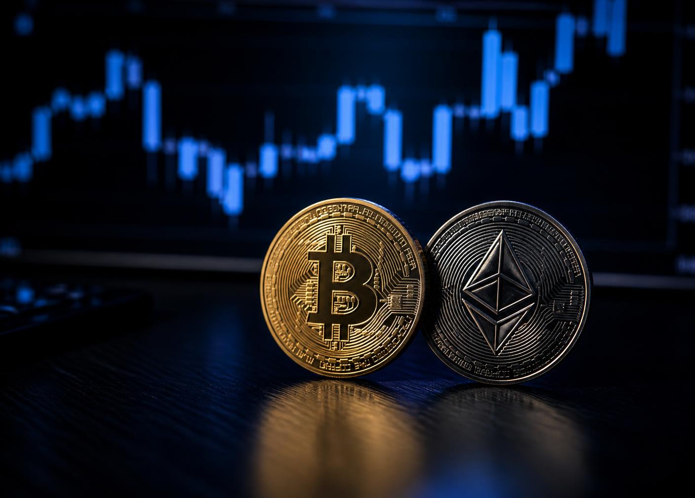 Monete di Bitcoin ed Ethereum davanti a un grafico a candele blu