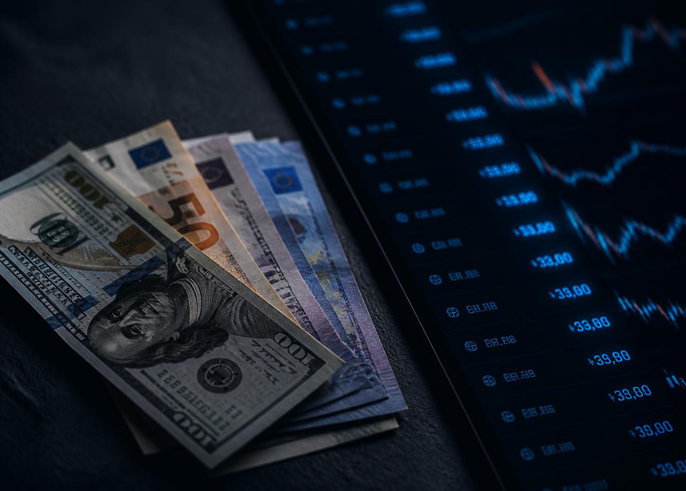 Banconote in euro e dollari accanto a uno schermo con quotazioni valutarie