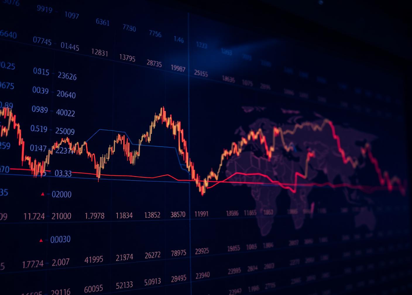 Tabellone finanziario con valori di indici azionari mondiali e grafici luminosi
