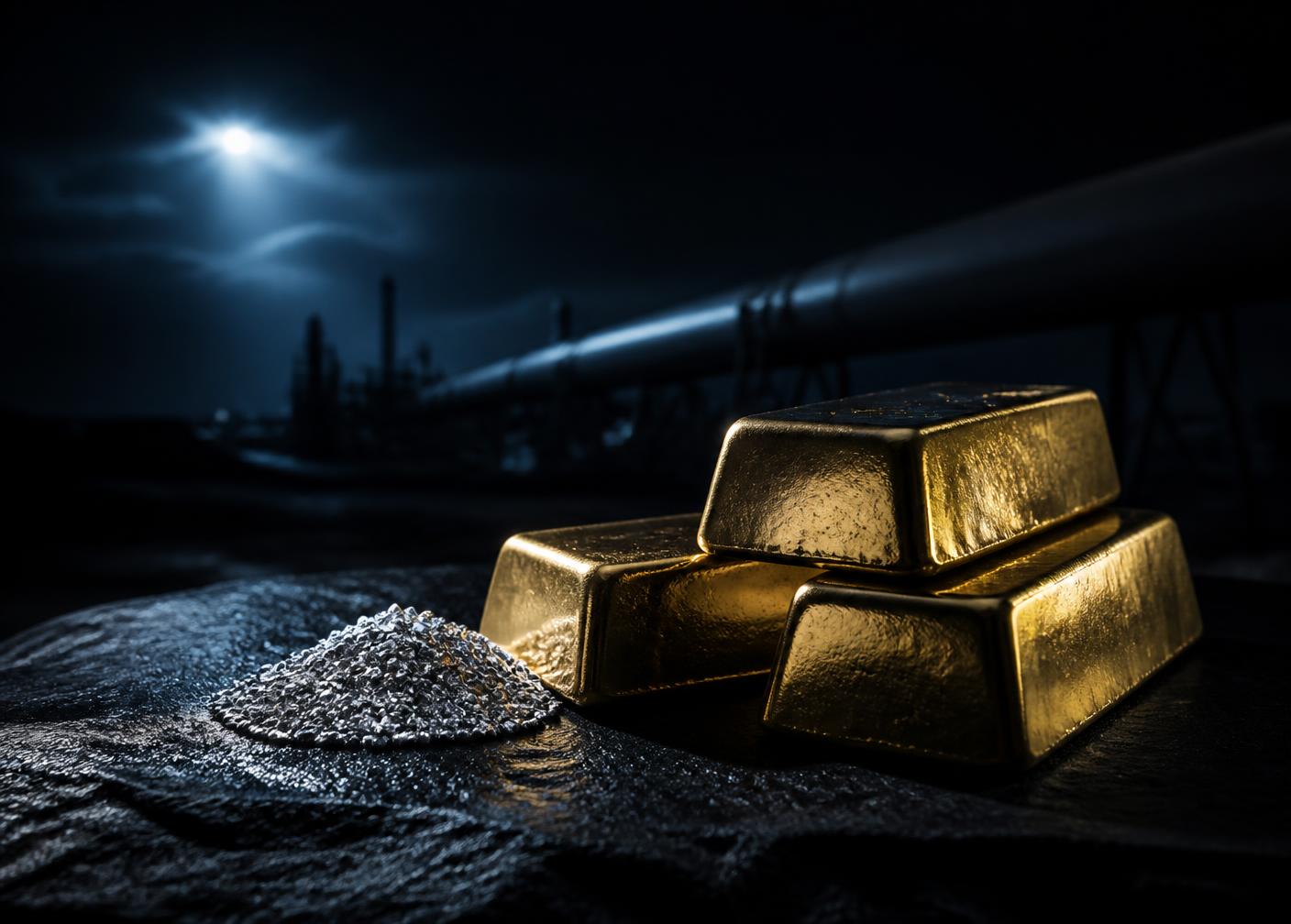 Lingotti d'oro e granuli d'argento su pietra scura con impianto industriale sullo sfondo